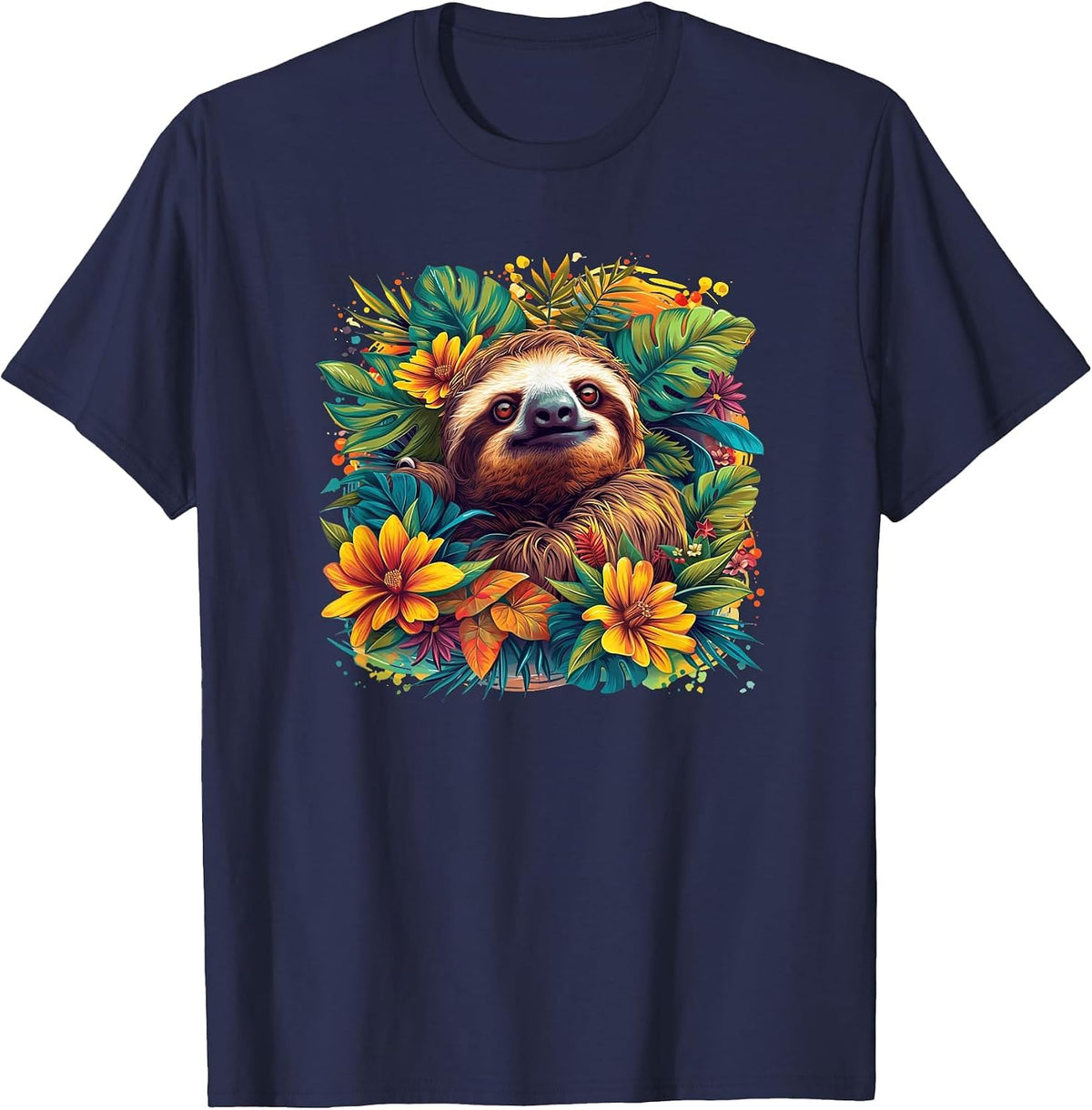 Mens Womens Kids Funny Design Tropical Flowers Sloth Lover T-Shirt - Navy Blue