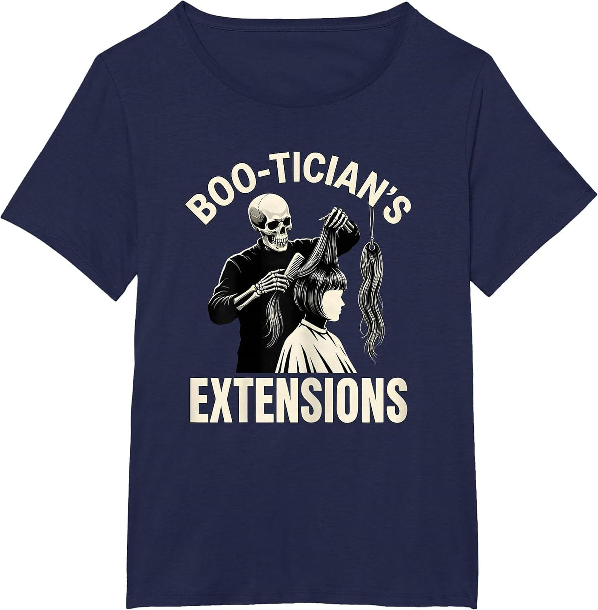 Women's Boo-tician's Extensions Skeleton Hairstylist Halloween Humor T-Shirt - Navy Blue