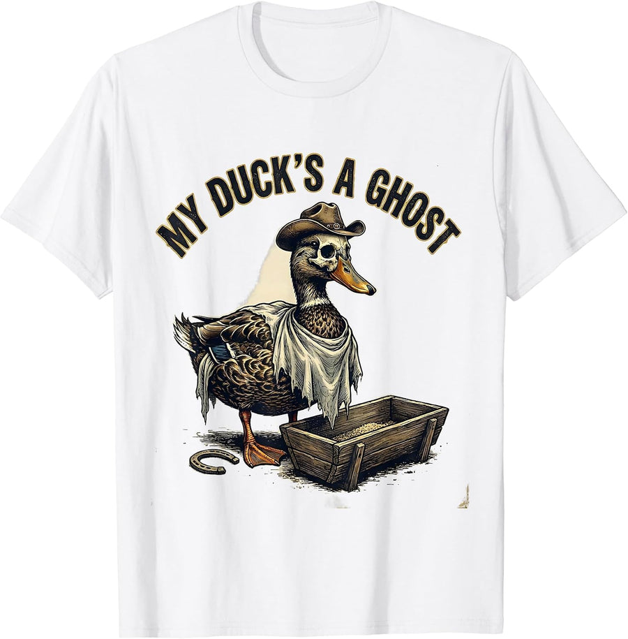 Men's My Duck's a Ghost Vintage Western Halloween Ghost Skeleton T-Shirt - White