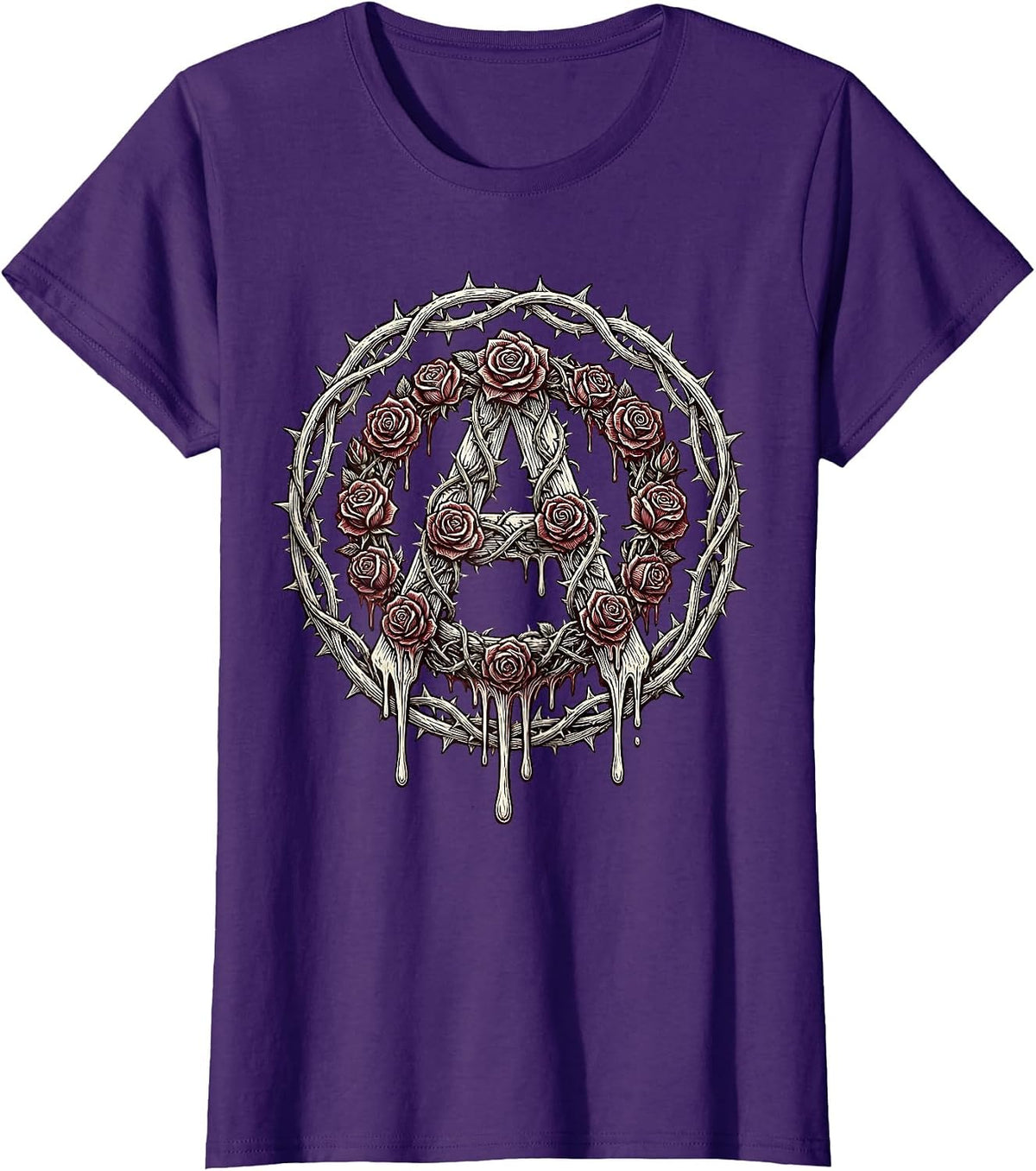 Women's Dripping Rose Anarchy Symbol Punk Art Design T-Shirt - Purple