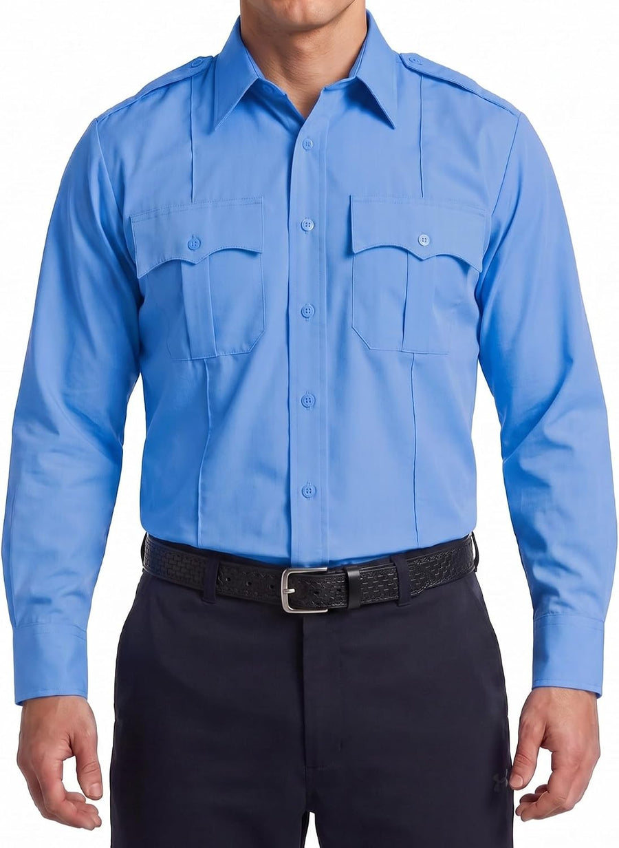 First Class Men's Polycotton Long Sleeve Uniform Shirt - Tactical Work Utility and Safety Security Shirt - Light Blue