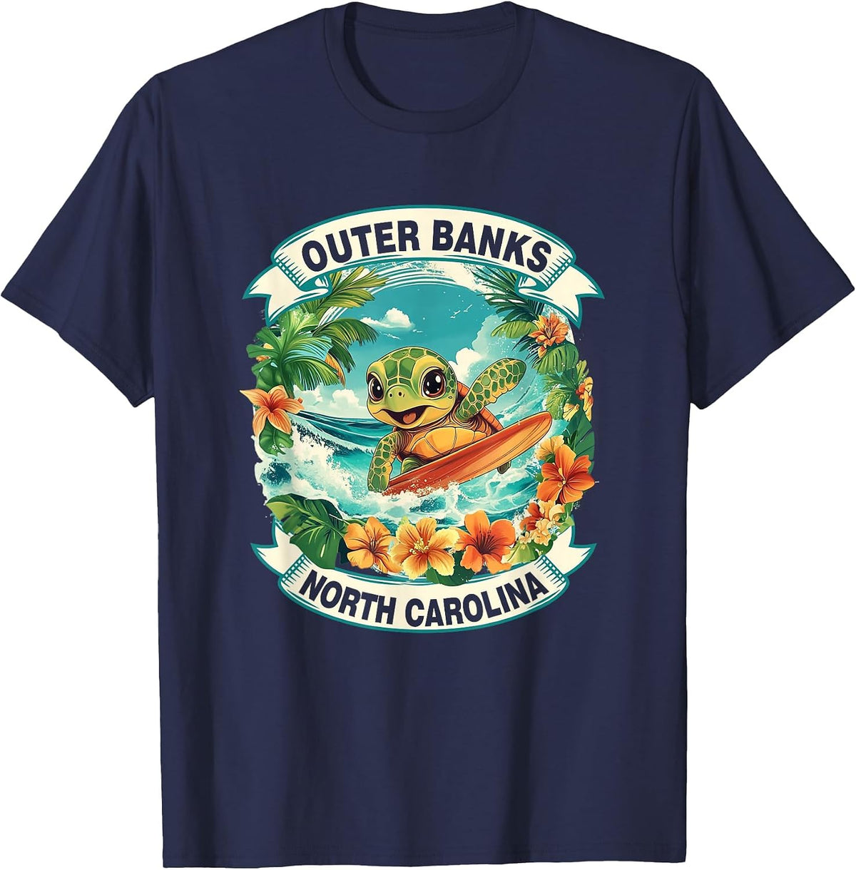 Outer Banks North Carolina Cute Sea Turtle Surfing Summer T-Shirt - Navy Blue