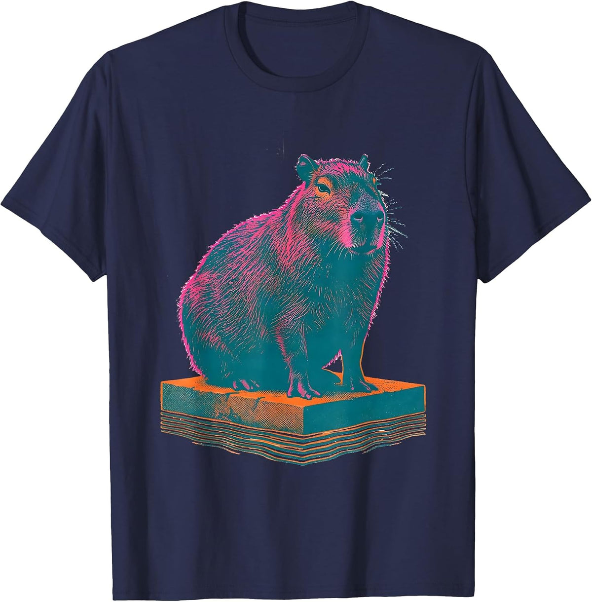 Capybara Silhouette Funny Animal Lover Risograph Art T-Shirt - Navy Blue