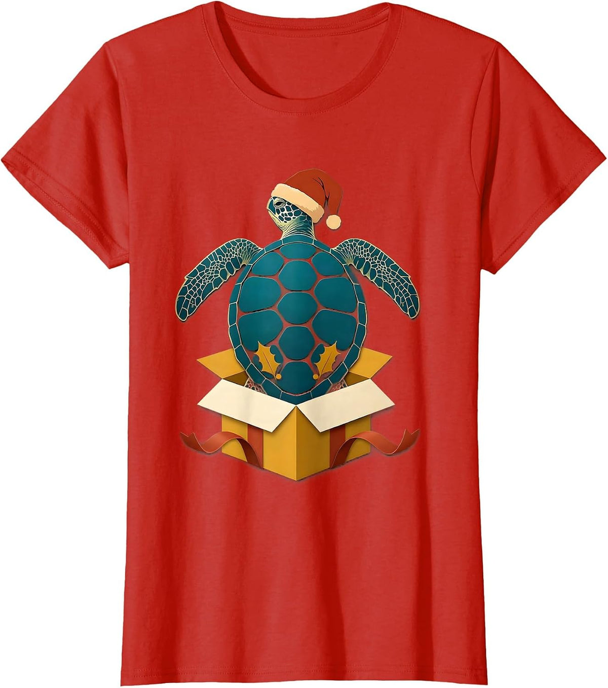Women's Sea Turtle Santa Hat Paper Cutout Christmas Novelty T-Shirt - Red