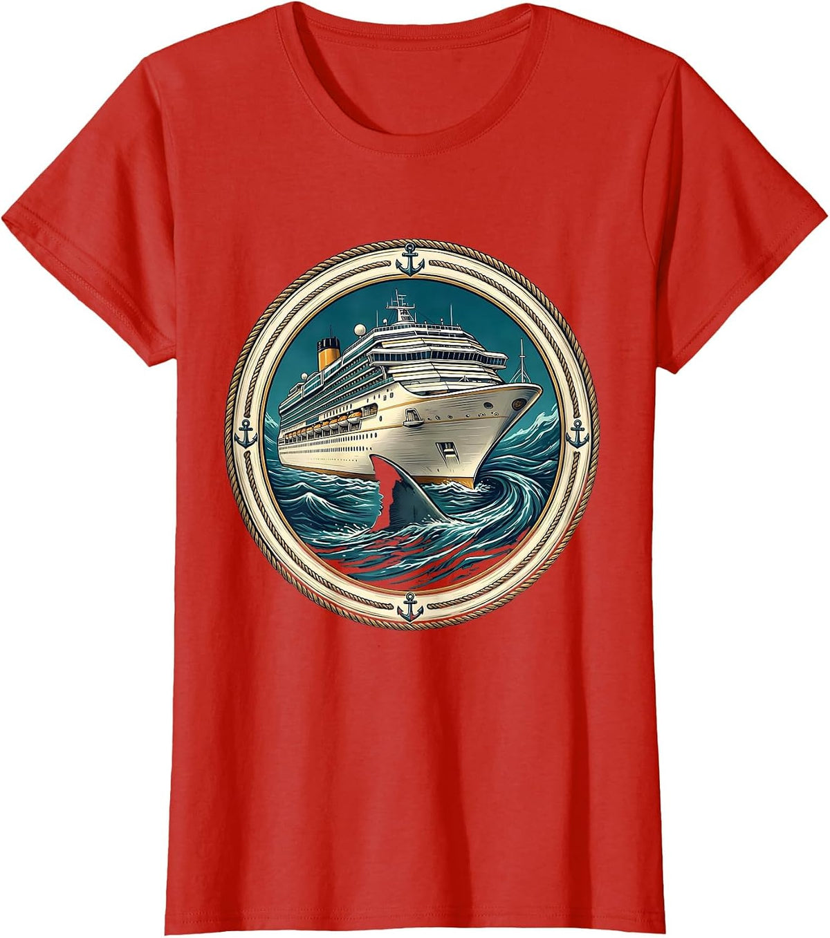 Shark Fin Circling Cruise Ship Graphic T-Shirt - Red