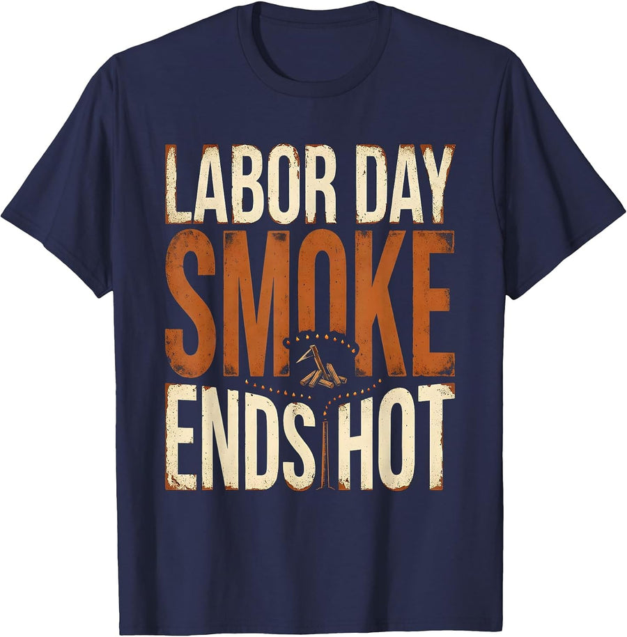 Labor Day Smoke Ends Hot Funny BBQ Cookout Dad Humor T-Shirt - Navy Blue