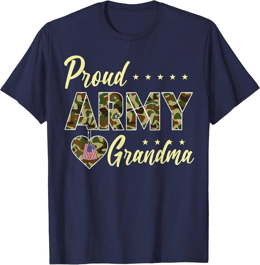 Proud Army Grandma Camouflage Soldier Family Love Military T-Shirt - Navy Blue