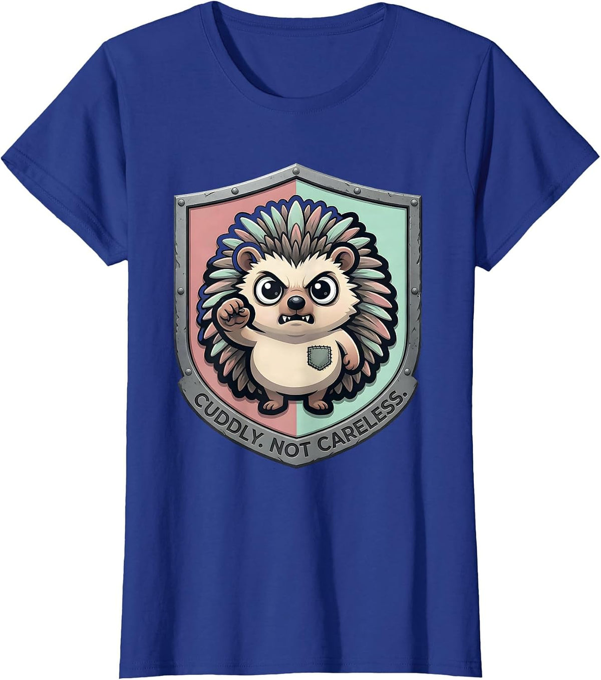 Women's Cuddly Not Careless Pastel Goth Kawaii Chibi Hedgehog Mascot T-Shirt - Royal Blue
