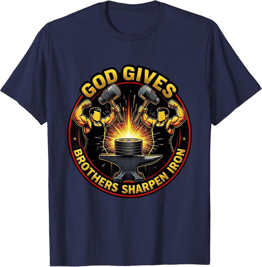 God Gives Brothers Sharpen Iron Christian Men Gym Workout T-Shirt - Navy Blue