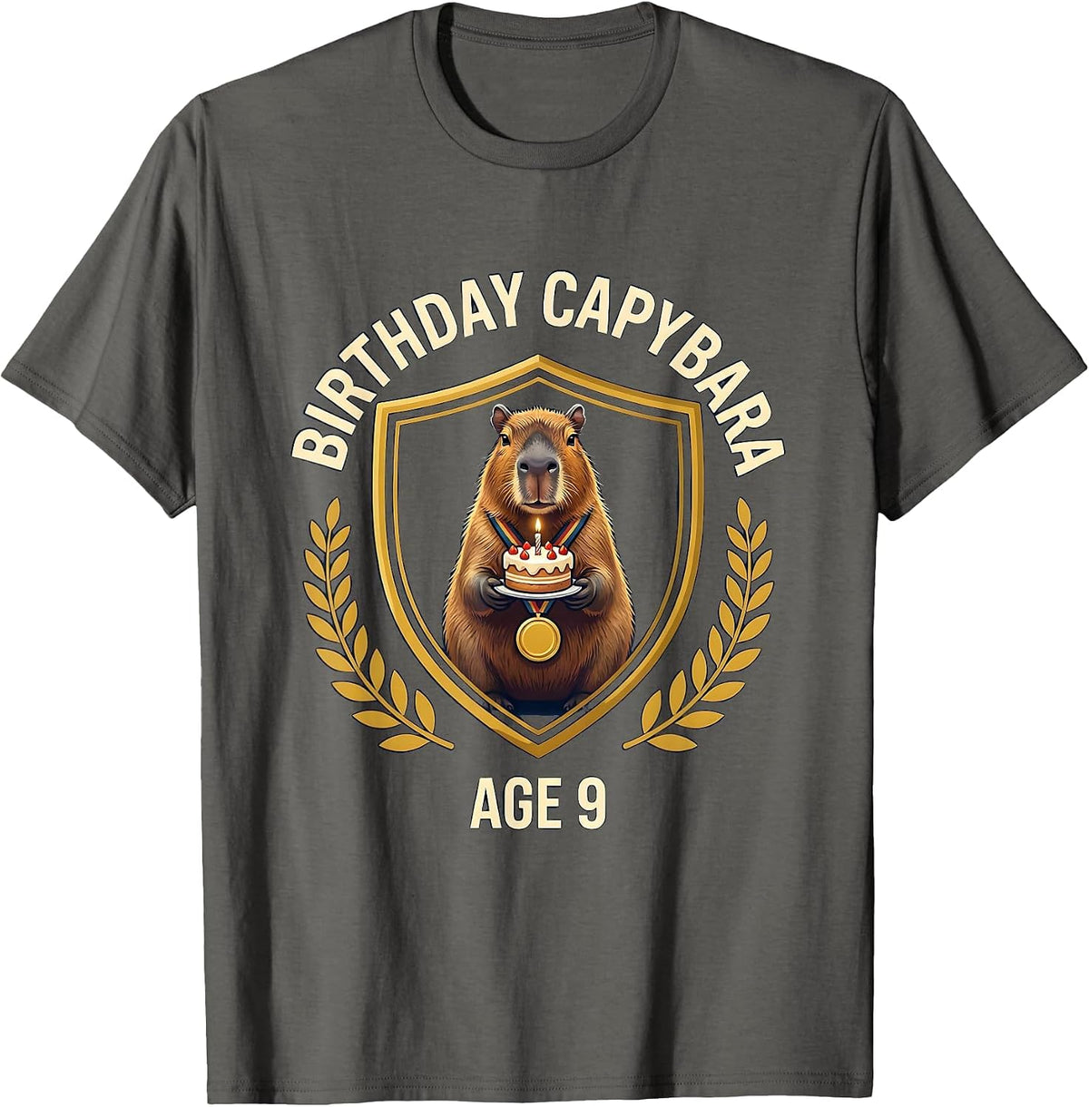 Birthday Capybara Age 9 Kawaii Cute Animal 9th Birthday T-Shirt - Asphalt Grey
