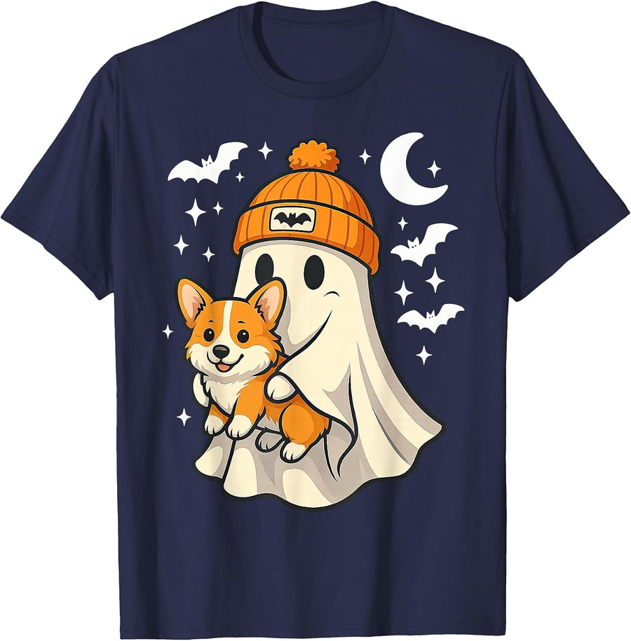 Ghost Pembroke Welsh Corgi Dog Lover Halloween Men Women T-Shirt - Navy Blue