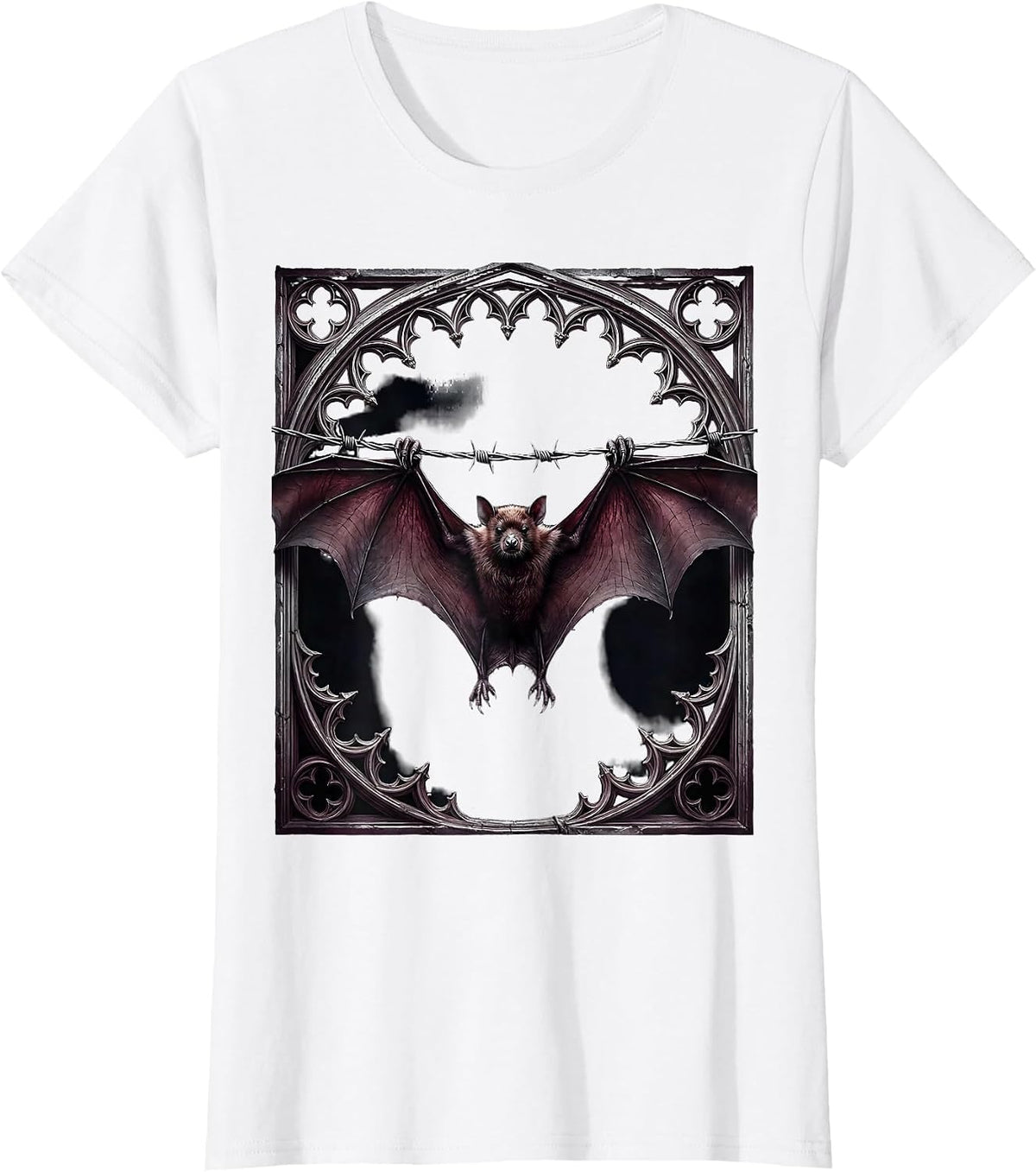 Women's Punk Bat on Barbed Wire Gothic Illustration T-Shirt - White