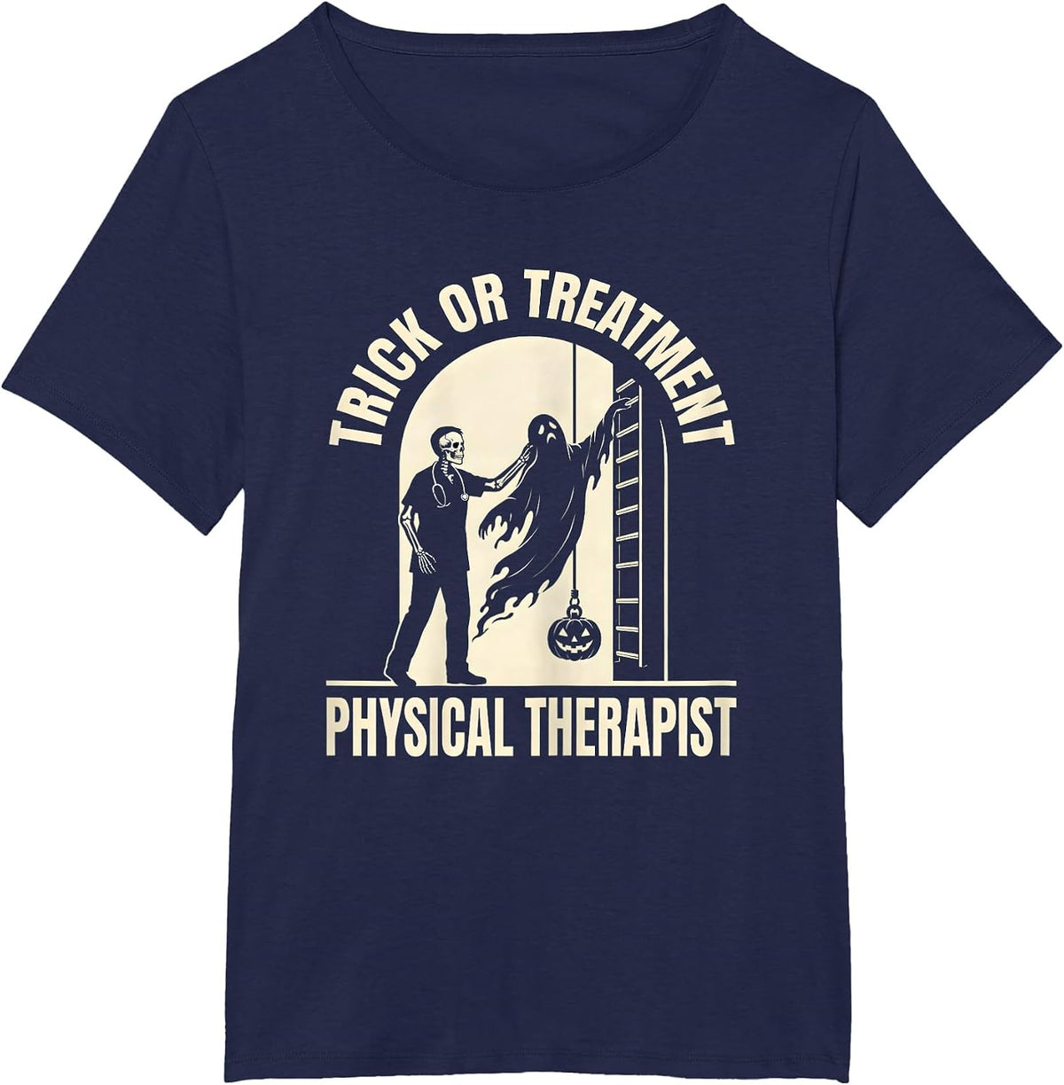 Women's Trick Or Treatment Physical Therapist Halloween PT Humor T-Shirt - Navy Blue