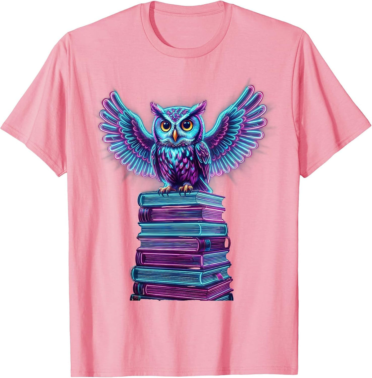 Men's Wise Owl Perched on Towering Stack of Books T-Shirt - Pink