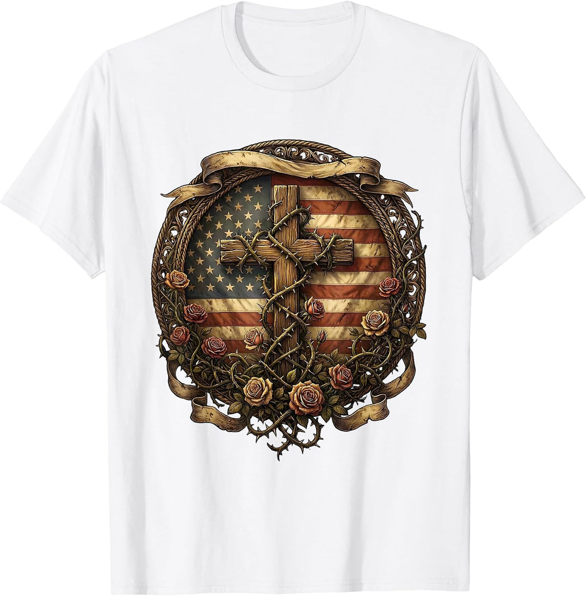 Men's Cross Wrapped in Thorny Rose Vines Graphic T-Shirt - White