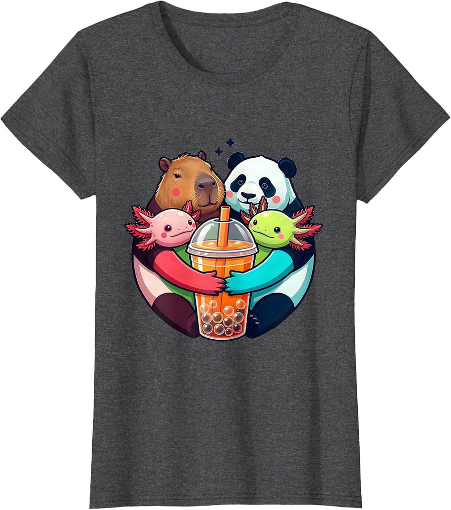 Women's Cute Chibi Capybara Panda Axolotl Boba Tea Kawaii Anime T-Shirt - Dark Heather Grey