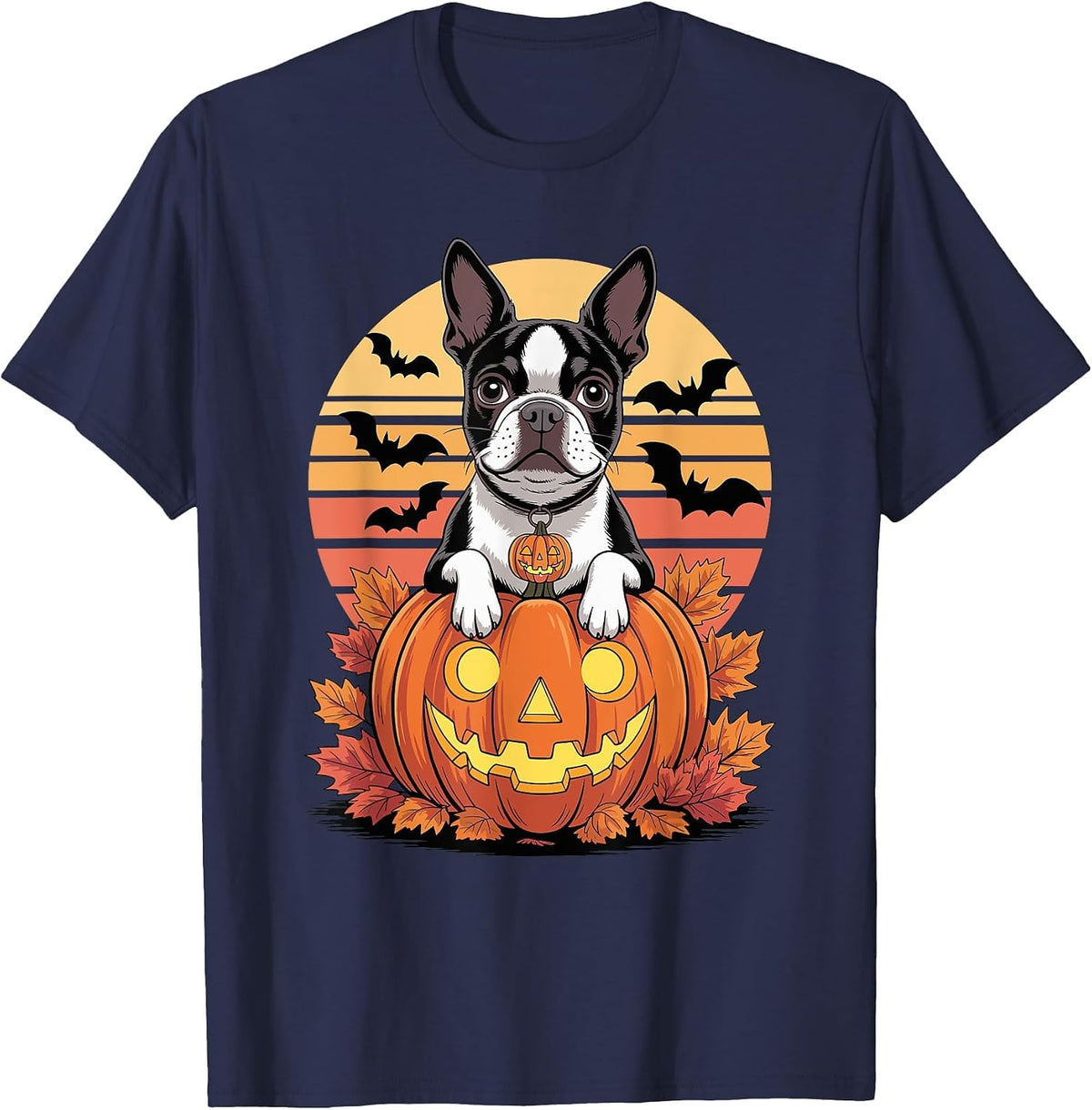 Halloween Retro Boston Terrier T-Shirt - Navy Blue