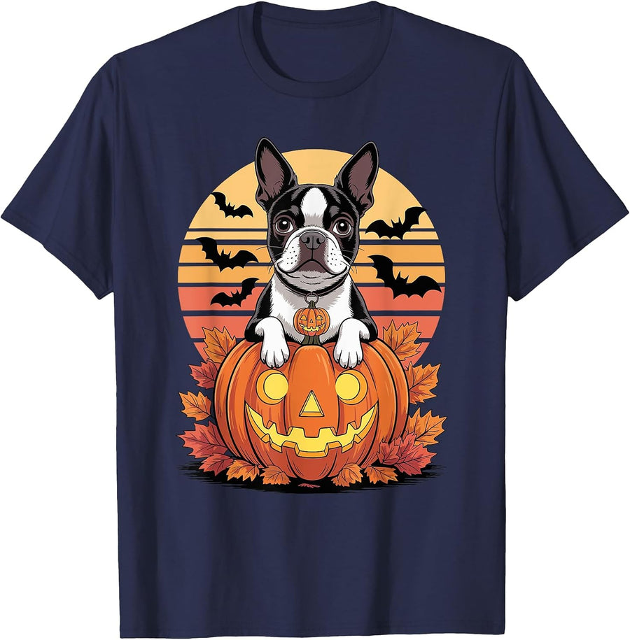 Halloween Retro Boston Terrier T-Shirt - Navy Blue