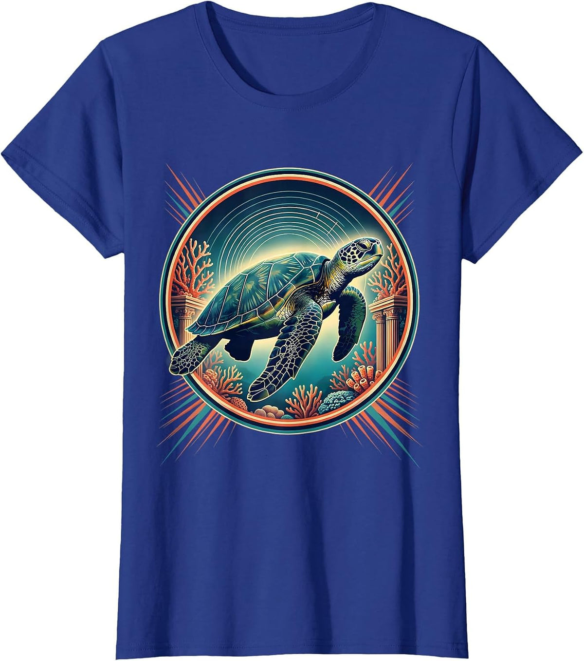Women's Puerto Rico Sea Turtle Coral Reef Illustration T-Shirt - Royal Blue