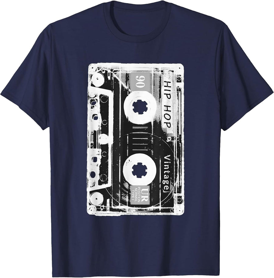 Vintage Cassette Tape Hip Hop Music 80s 90s Retro Distressed T-Shirt - Navy Blue