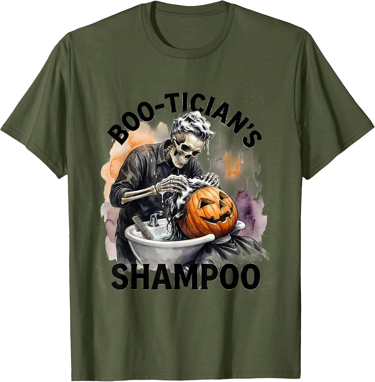 Men's Boo-tician's Shampoo Watercolor Skeleton Hairdresser T-Shirt - Olive Green