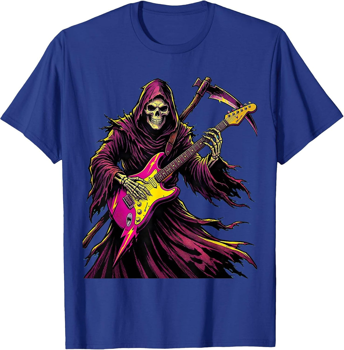Men's Grim Reaper Electric Guitar Halloween Design T-Shirt - Royal Blue