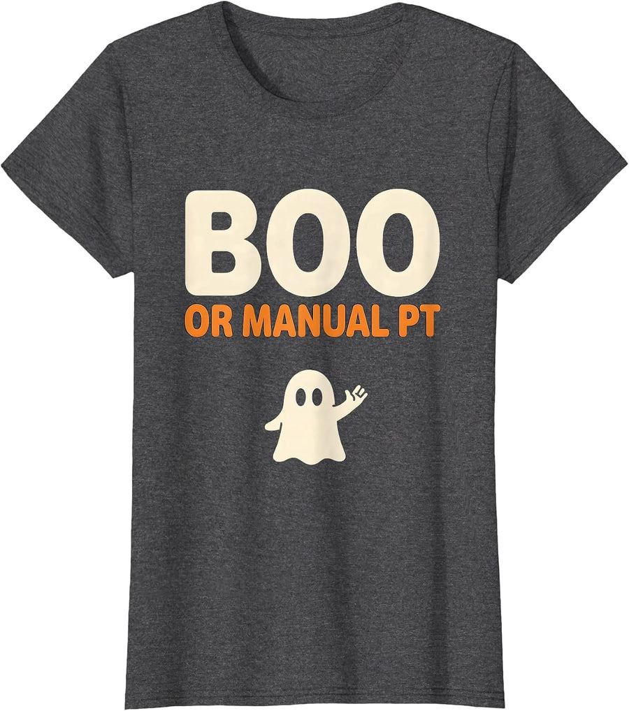 Women's Boo Or Manual PT Funny Physical Therapy Halloween Ghost T-Shirt - Dark Heather Grey