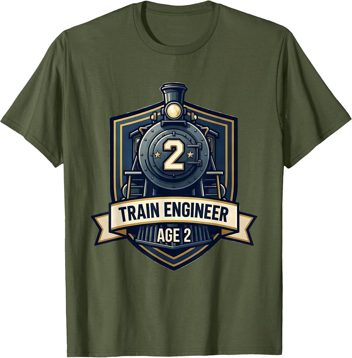 Men's Train Engineer Age 2 Toddler Birthday Train Lover Humor T-Shirt - Olive Green