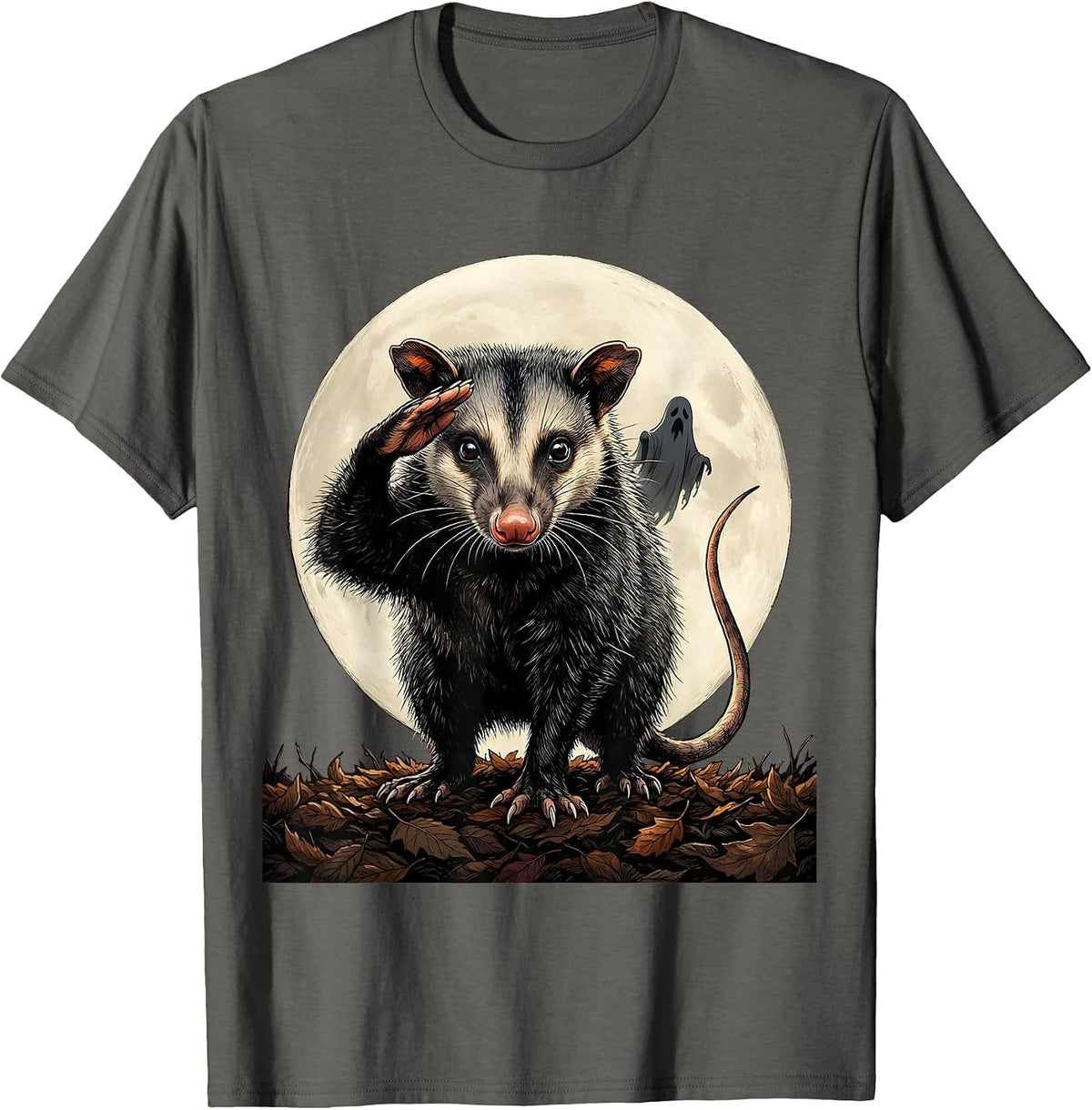 Dignified Opossum Moon Halloween Gothic Fantasy Novelty T-Shirt - Asphalt Grey