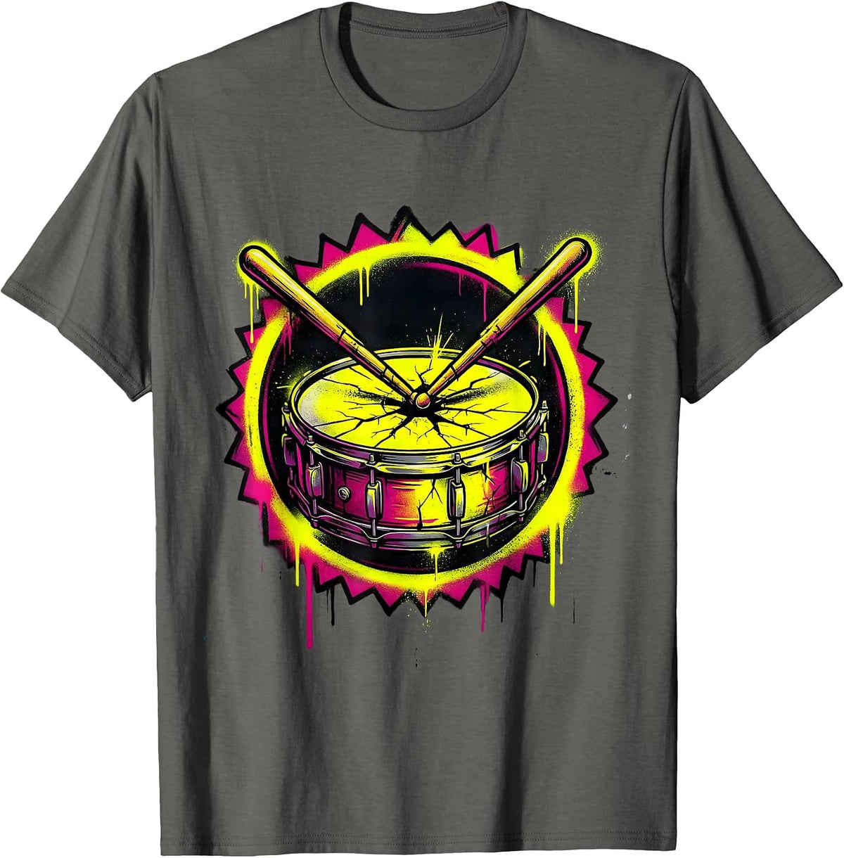Crossed Drumsticks Cracked Snare Drum Graphic T-Shirt - Asphalt Grey