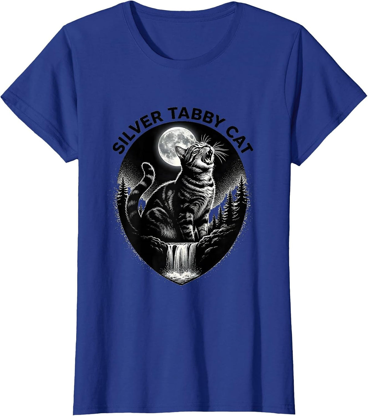 Women's Silver Tabby Cat Howling at Moon 90's Retro T-Shirt - Royal Blue