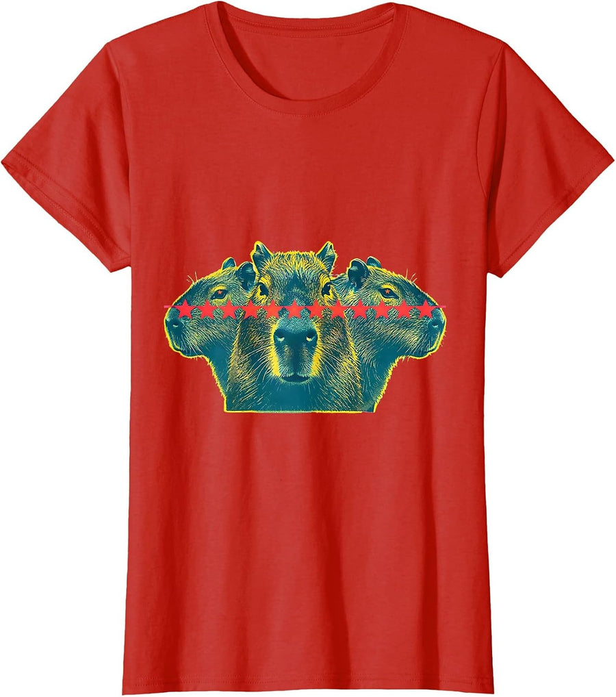Women's Mirrored Capybara Star Garland Risograph Christmas Humor T-Shirt - Red