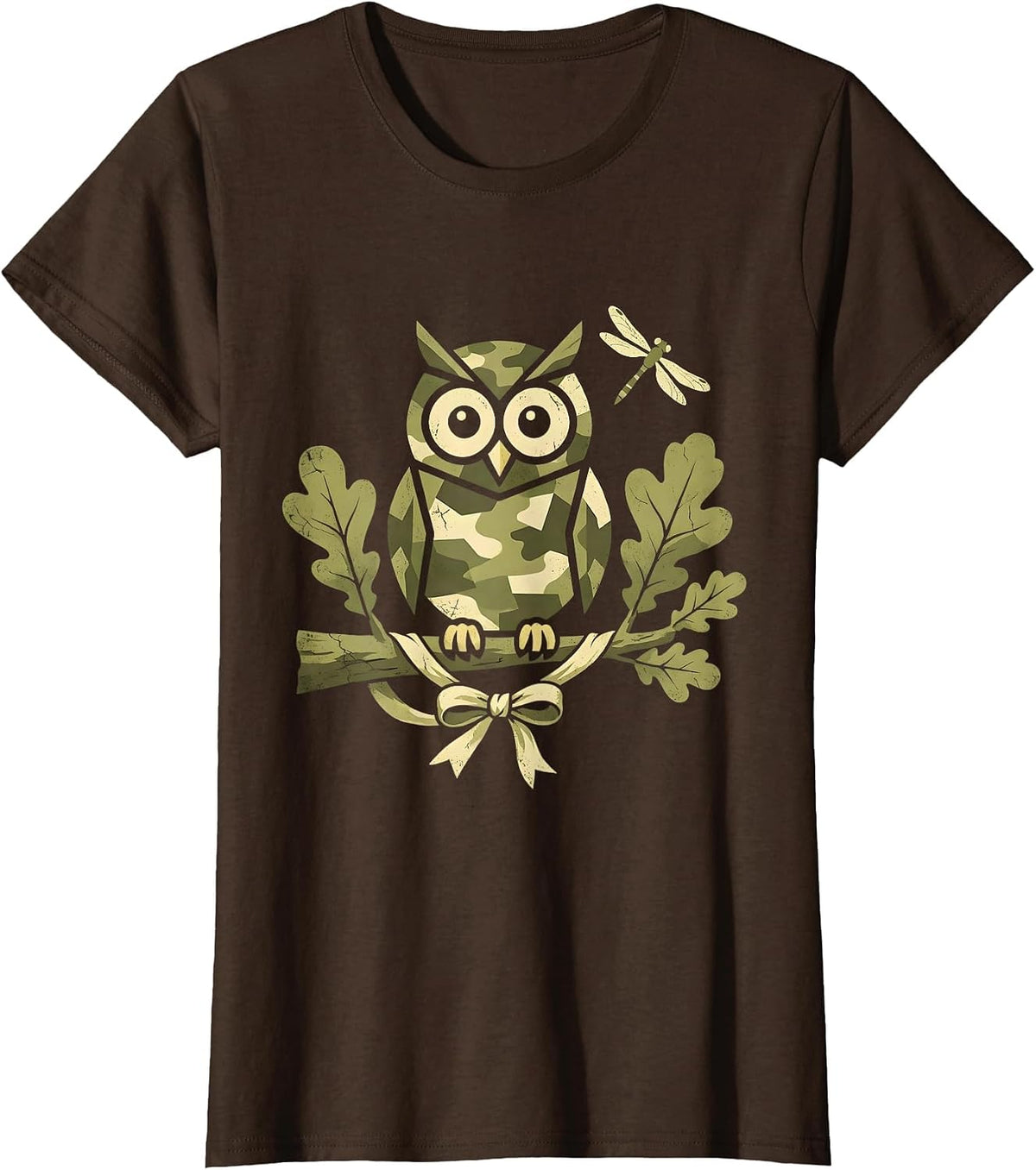 Women's Camo Owl Perched on Oak Branch Design T-Shirt - Brown