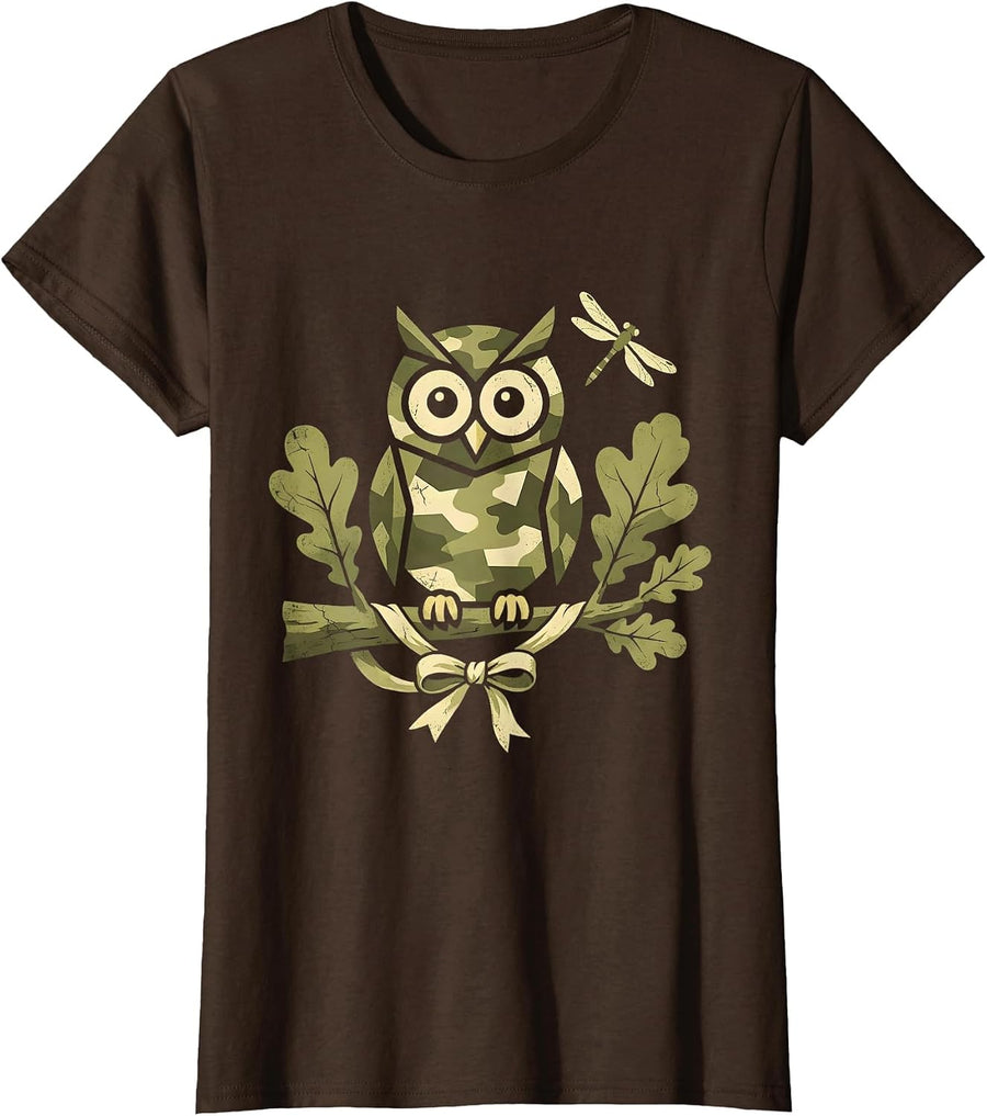 Women's Camo Owl Perched on Oak Branch Design T-Shirt - Brown