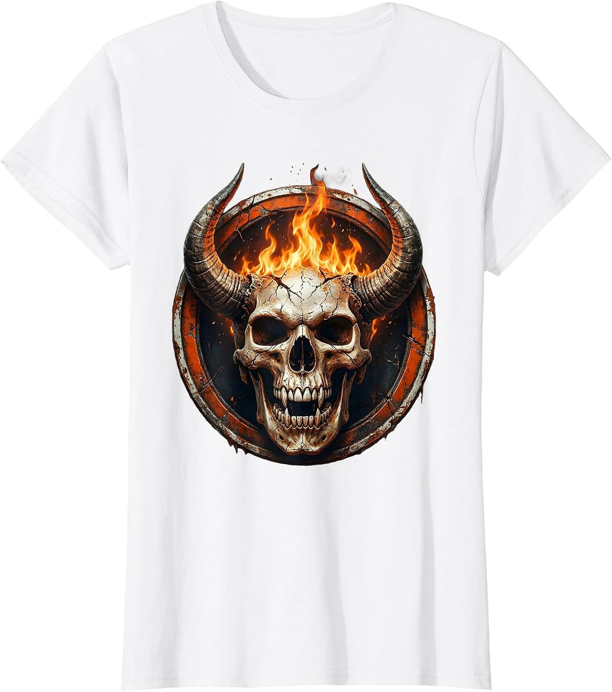 Women's Horned Demon Skull Fire Breathing Dark Art Design T-Shirt - White