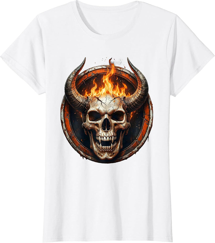 Women's Horned Demon Skull Fire Breathing Dark Art Design T-Shirt - White
