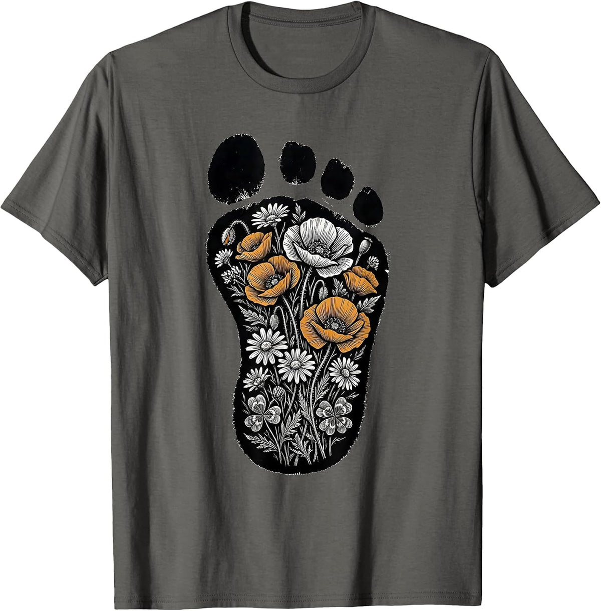 Horse Hoofprint Wildflower Blooms Nature Art T-Shirt - Asphalt Grey