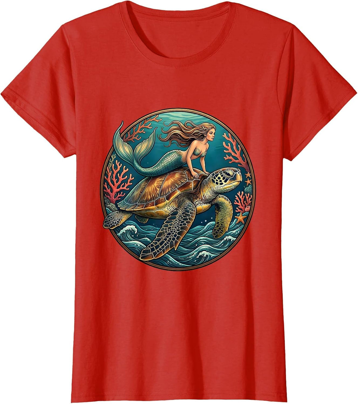 Mermaid Riding Giant Sea Turtle Ocean Art T-Shirt - Red