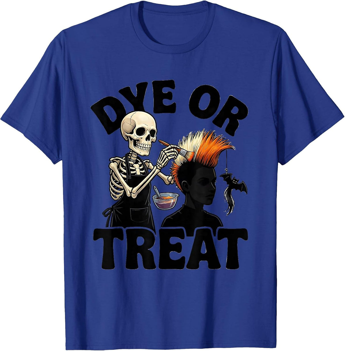 Dye Or Treat Cartoon Skeleton Hairstylist Halloween Barber T-Shirt - Royal Blue