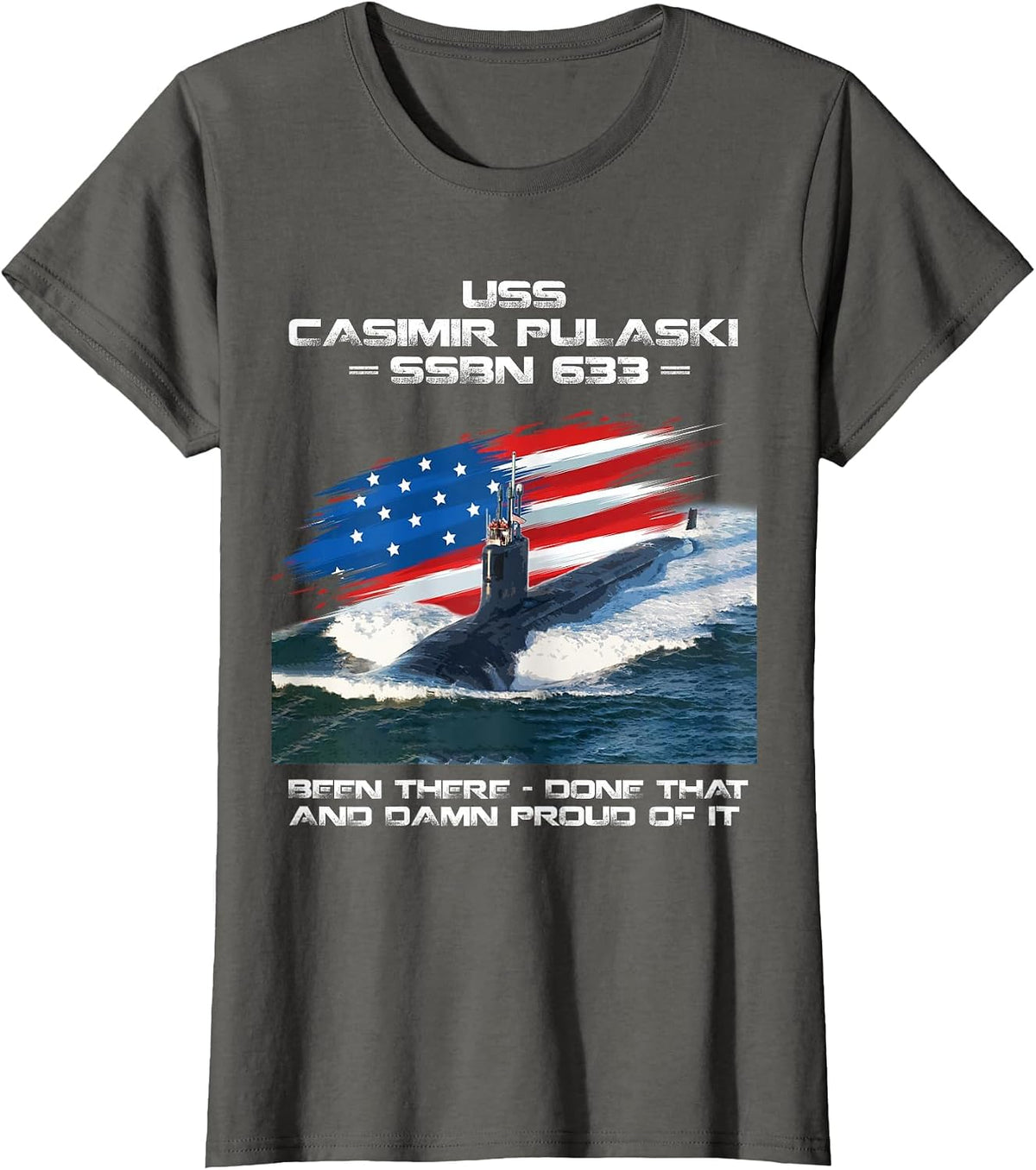 USS Casimir Pulaski SSBN-633 American Flag Submarine Veteran T-Shirt - Asphalt Grey