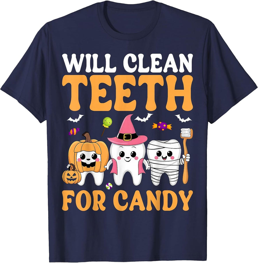 Will Clean Teeth for Candy Dental Assistant Spooky Halloween T-Shirt - Navy Blue