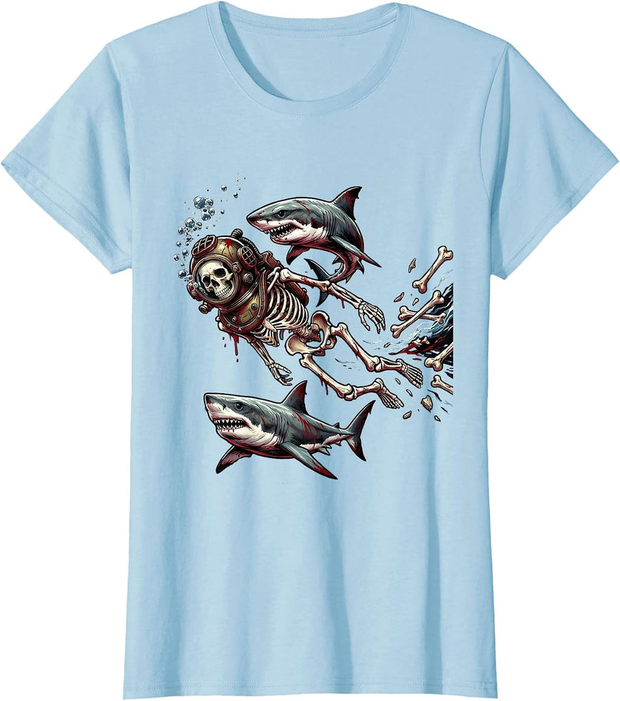 Women's Skeleton Diver Swimming With Sharks Illustration T-Shirt - Baby Blue