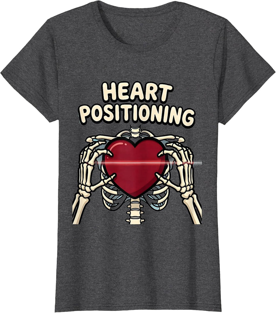 Women's Heart Positioning Funny Radiology Tech Valentine Skeleton T-Shirt - Dark Heather Grey