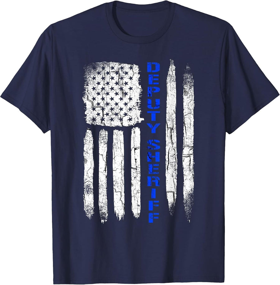 Deputy Sheriff Shirts for Men Thin Blue Line American Flag T-Shirt - Navy Blue