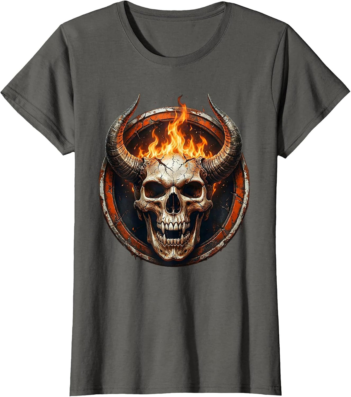 Women's Horned Demon Skull Fire Breathing Dark Art Design T-Shirt - Asphalt Grey
