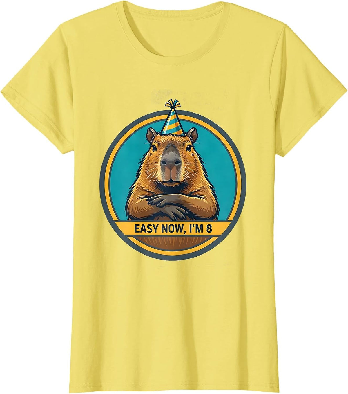Women's Easy Now, I'm 8 Funny Capybara Kids Birthday Party Humor T-Shirt - Lemon Yellow