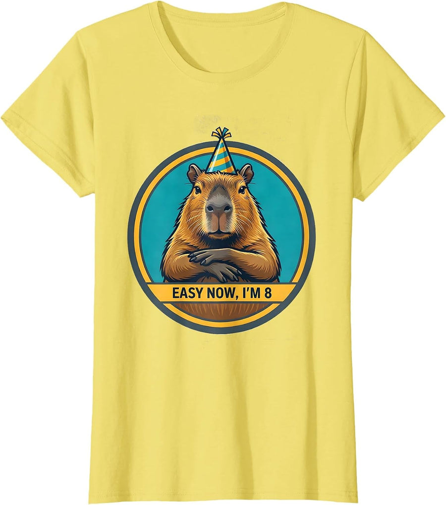 Women's Easy Now, I'm 8 Funny Capybara Kids Birthday Party Humor T-Shirt - Lemon Yellow