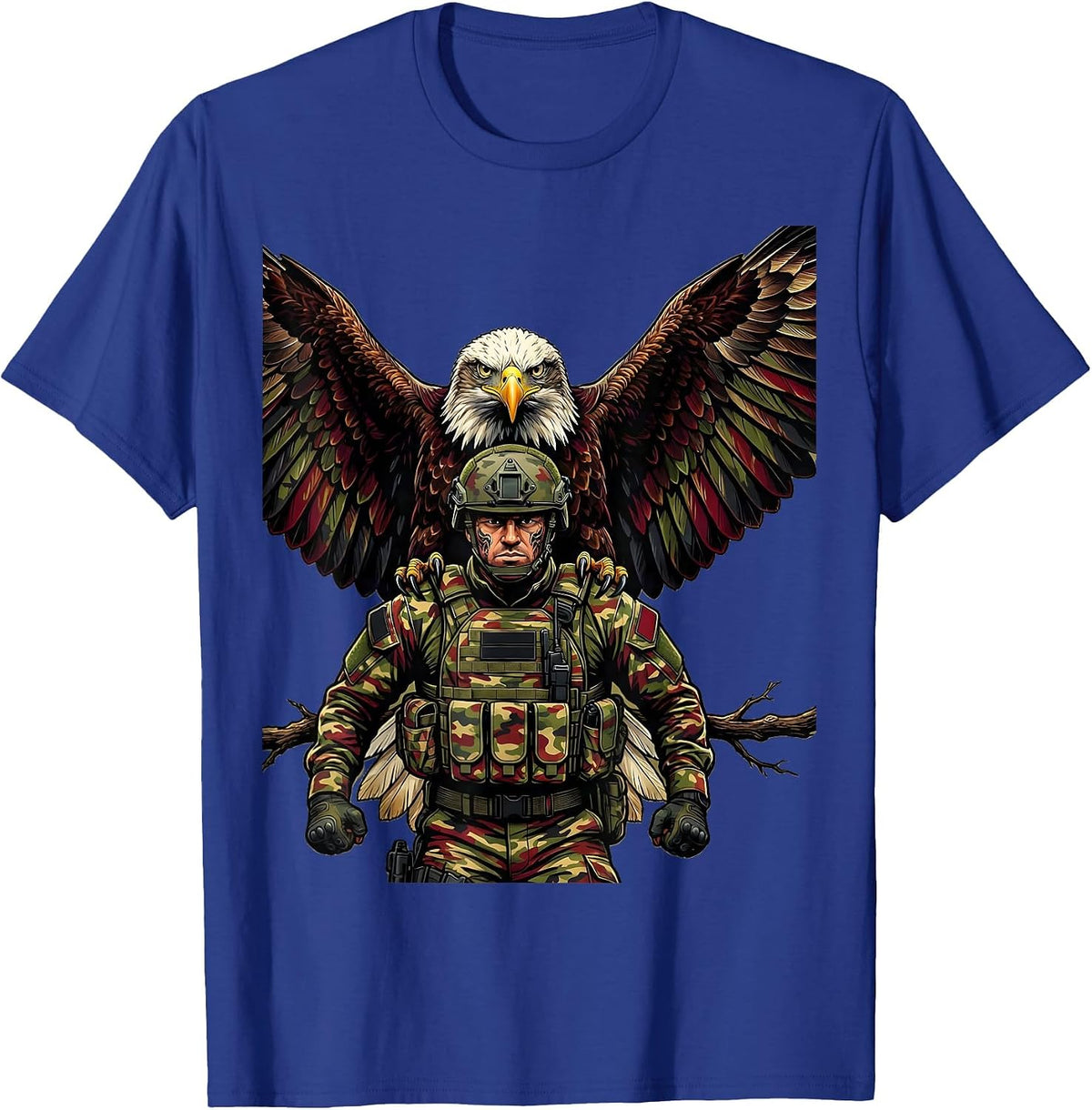 Camo Soldier and Eagle Patriotic Graphic Tee T-Shirt - Royal Blue