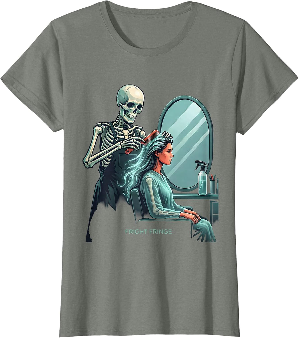 Fright Fringe Flat Vector Skeleton Hairstylist Halloween T-Shirt - Olive Heather