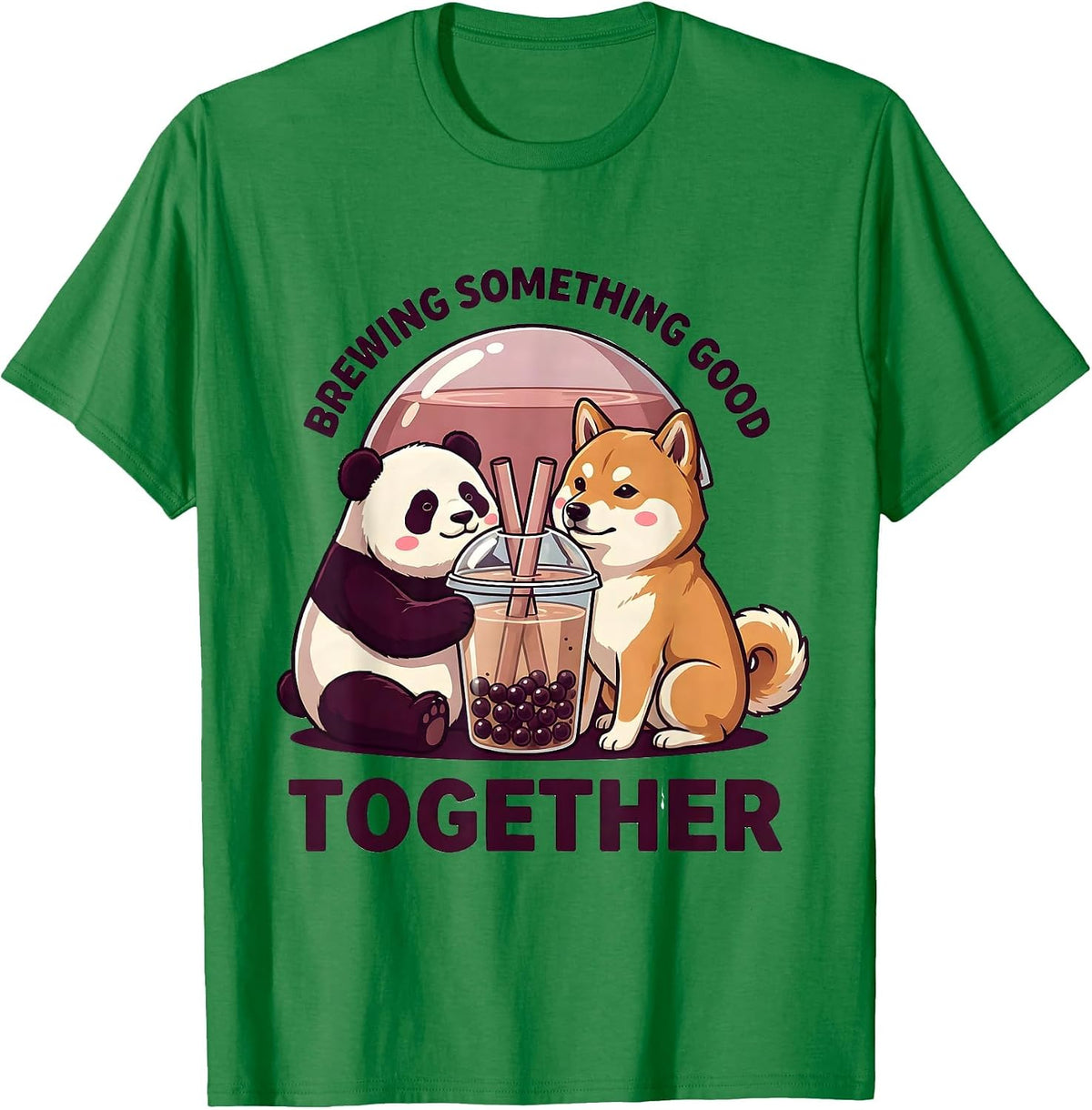 Men's Brewing Something Good Together Cute Panda Kawaii Boba Tea T-Shirt - Kelly Green